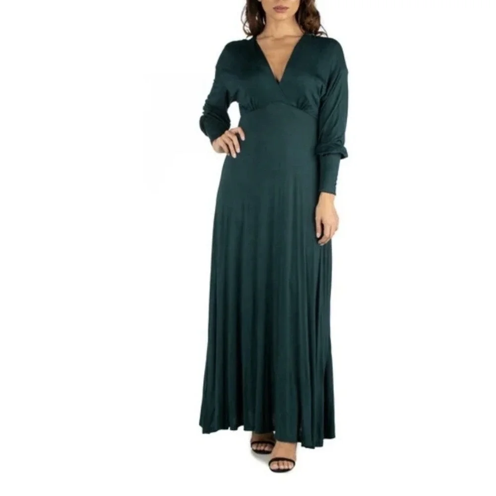 24seven Comfort Apparel Bishop Sleeves Maxi Dress Women's‎ Large Green Stretch